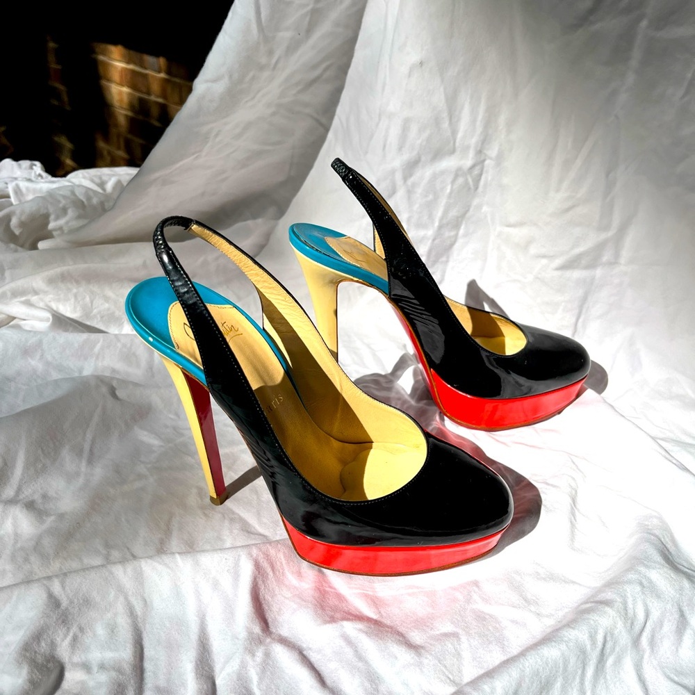 CHRISTIAN LOUBOUTIN 'Bianca' Patent Leather Colorblock Platform Heels.